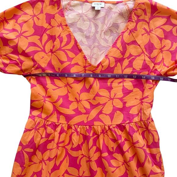 J Crew Dress Womens 4 Pink Orange Floral V Neck Puff Sleeve Tiered Midi Pockets - Picture 13 of 16